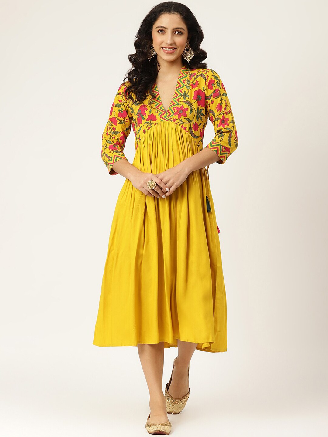 Rustorange Mustard Yellow & Pink Floral Liva A-Line Midi Dress Price in India