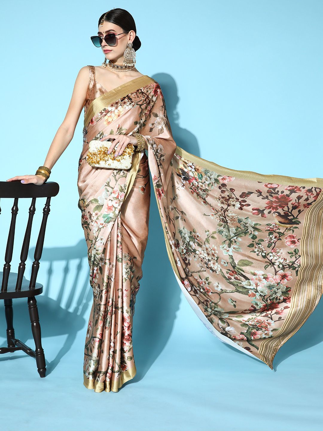 Mitera Beige & Green Floral Print Saree Price in India