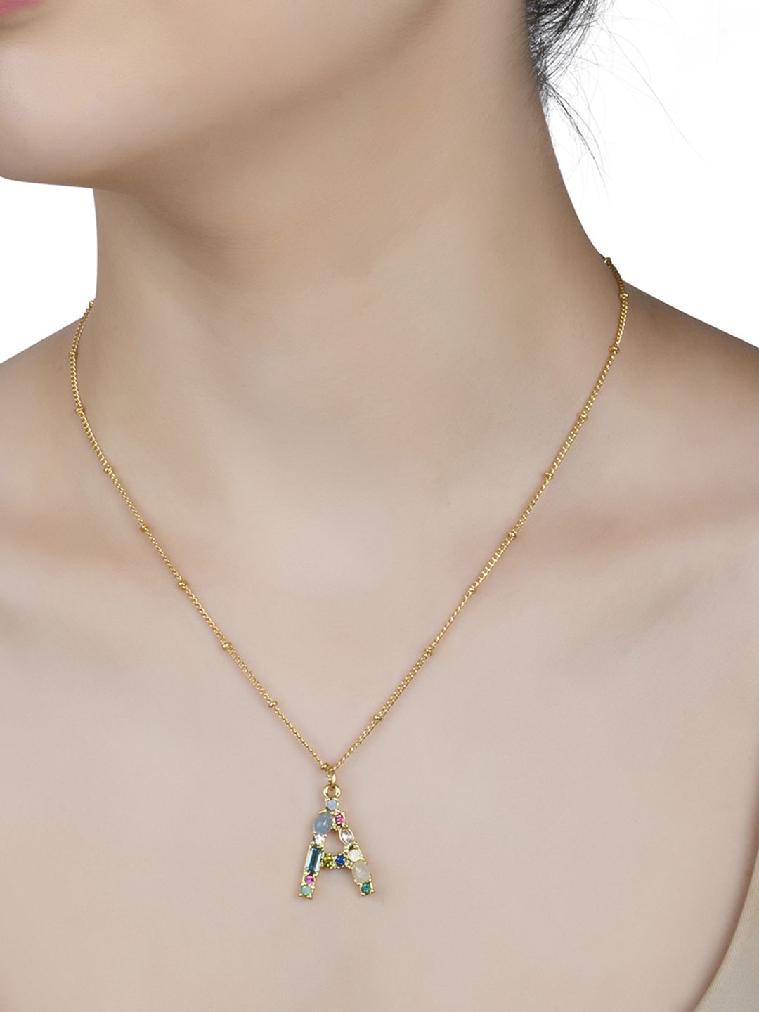 Lilly & sparkle Gold-Plated & Blue Stone Studded Initial A Pendant Necklace Price in India