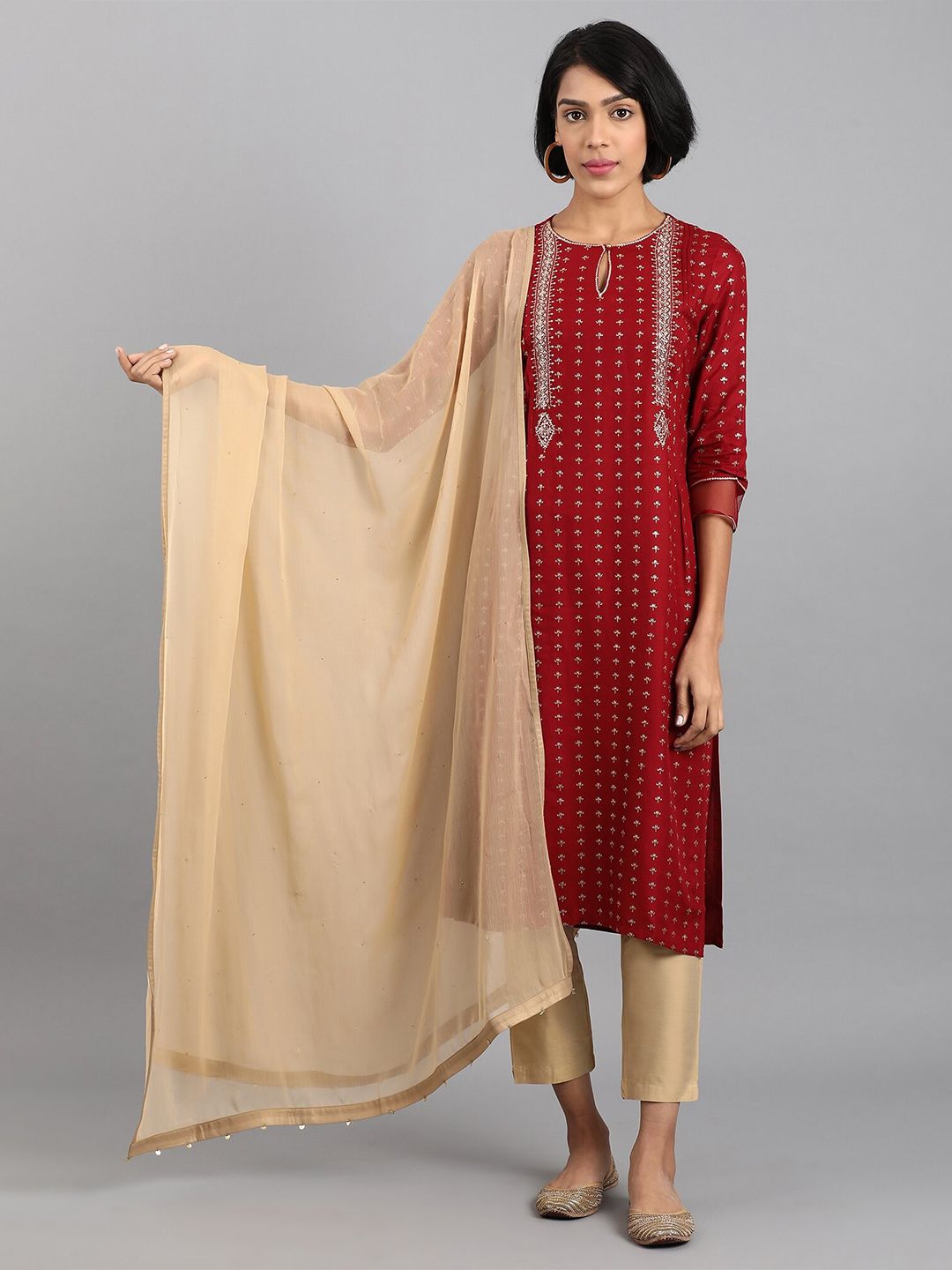 W Beige & Gold-Toned Dupatta with Sequinned