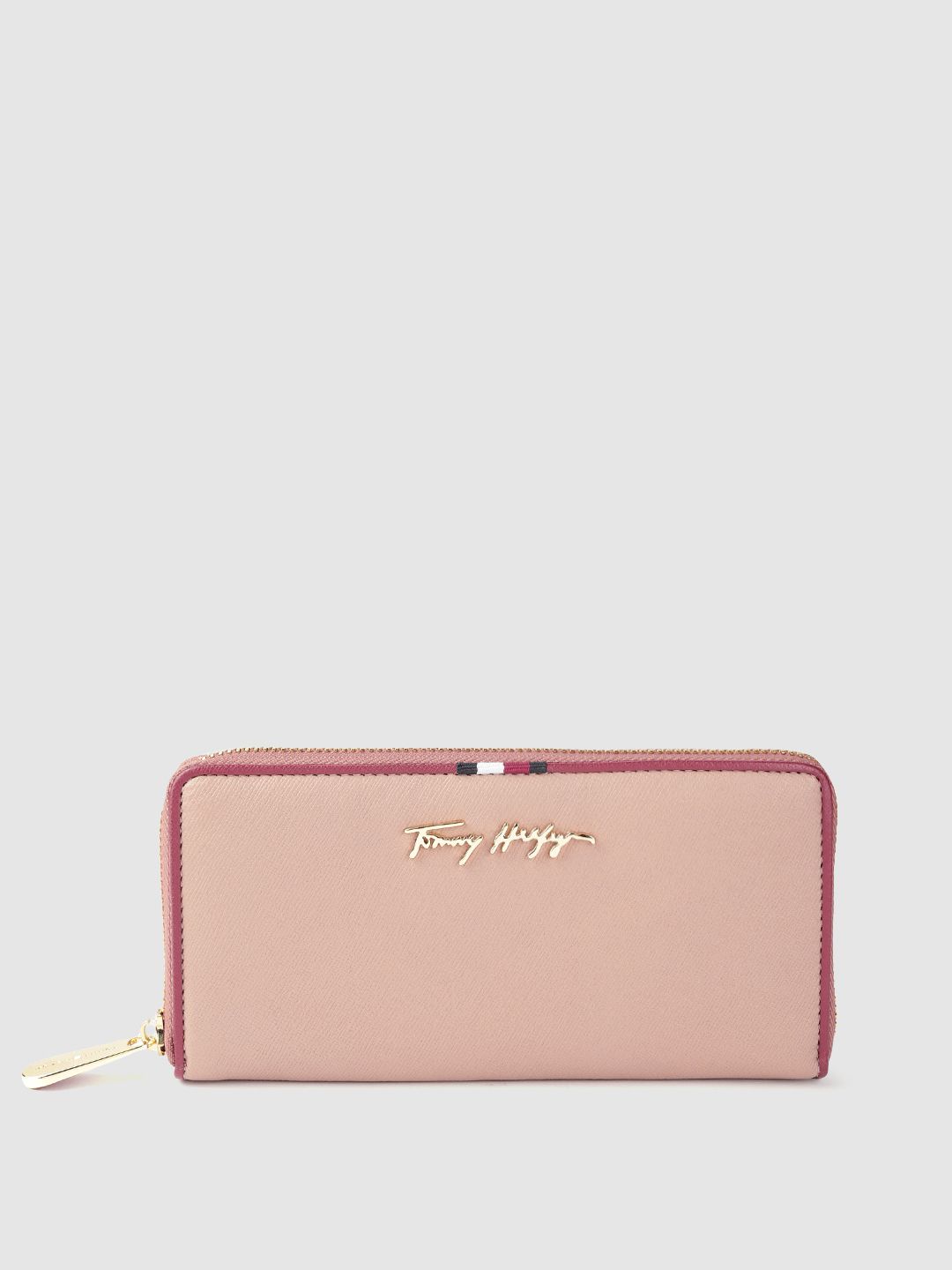Tommy Hilfiger Women Pink Textured Embellished Leather Zip Around Wallet Price in India