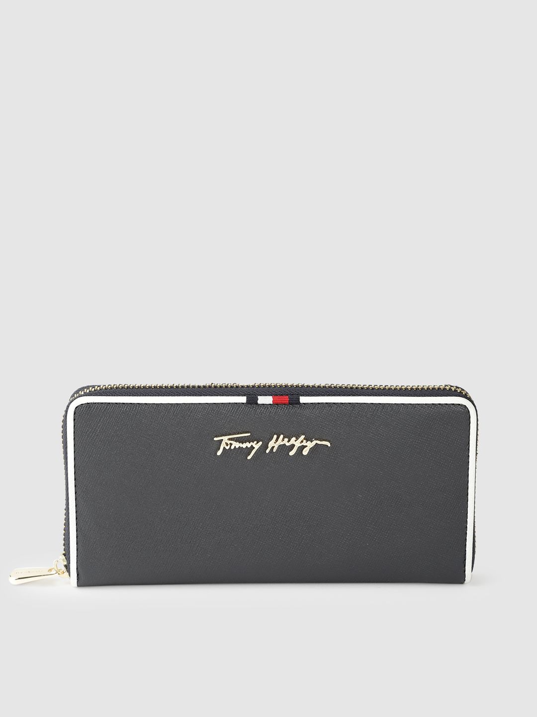 Tommy Hilfiger Women Navy Blue Textured Embellished Leather Zip Around Wallet Price in India