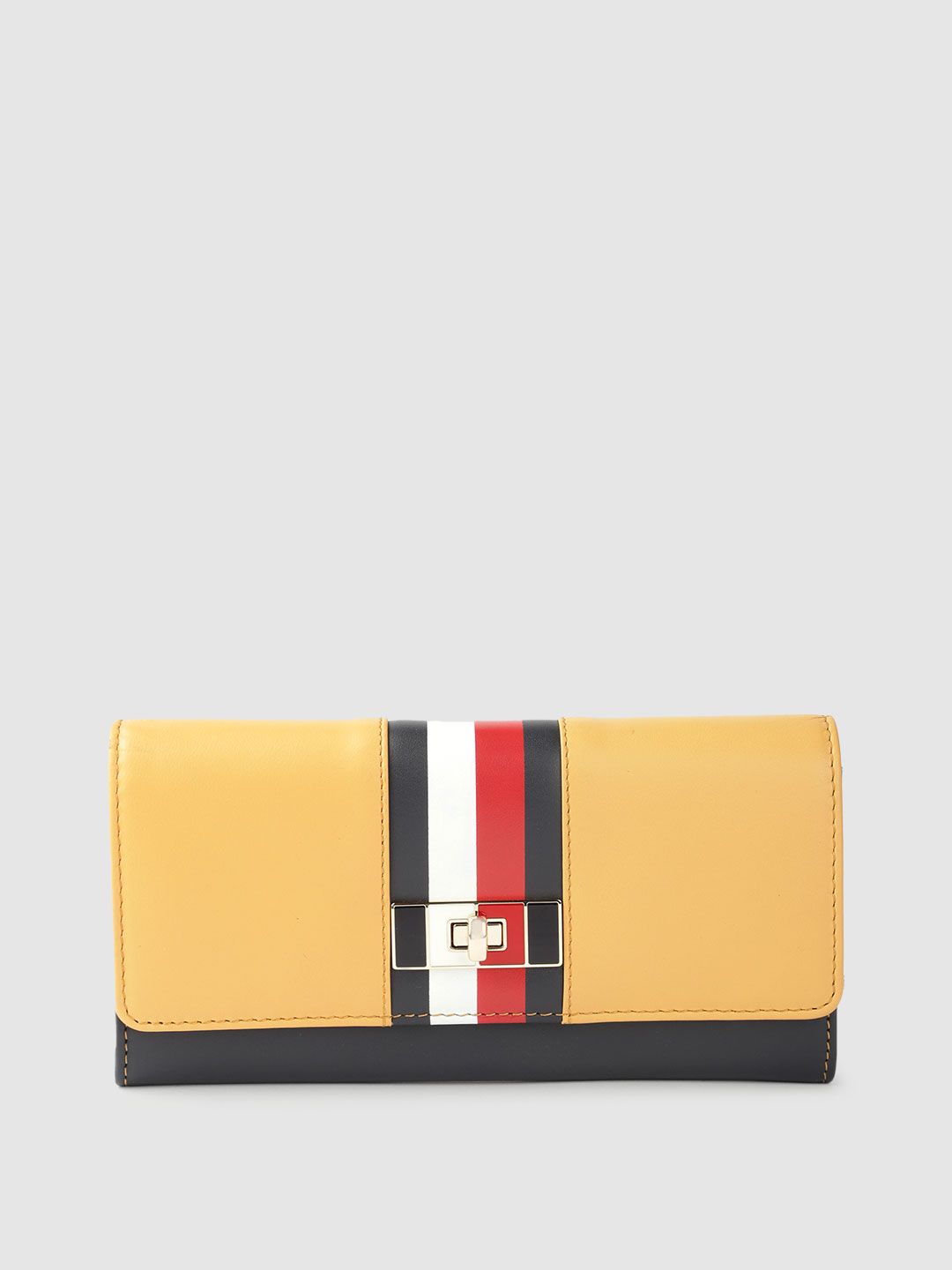 Tommy Hilfiger Women Yellow & Navy Blue Embellished Leather Two Fold Wallet Price in India