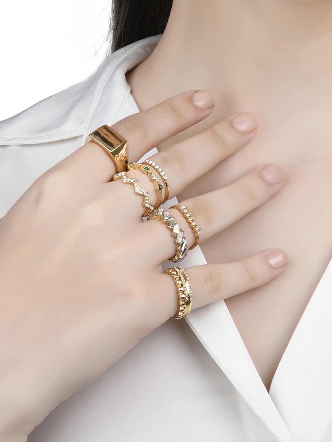 Lilly & sparkle Set of 15 Gold-Plated  White Crystal & Stone Studded Finger Ring Price in India