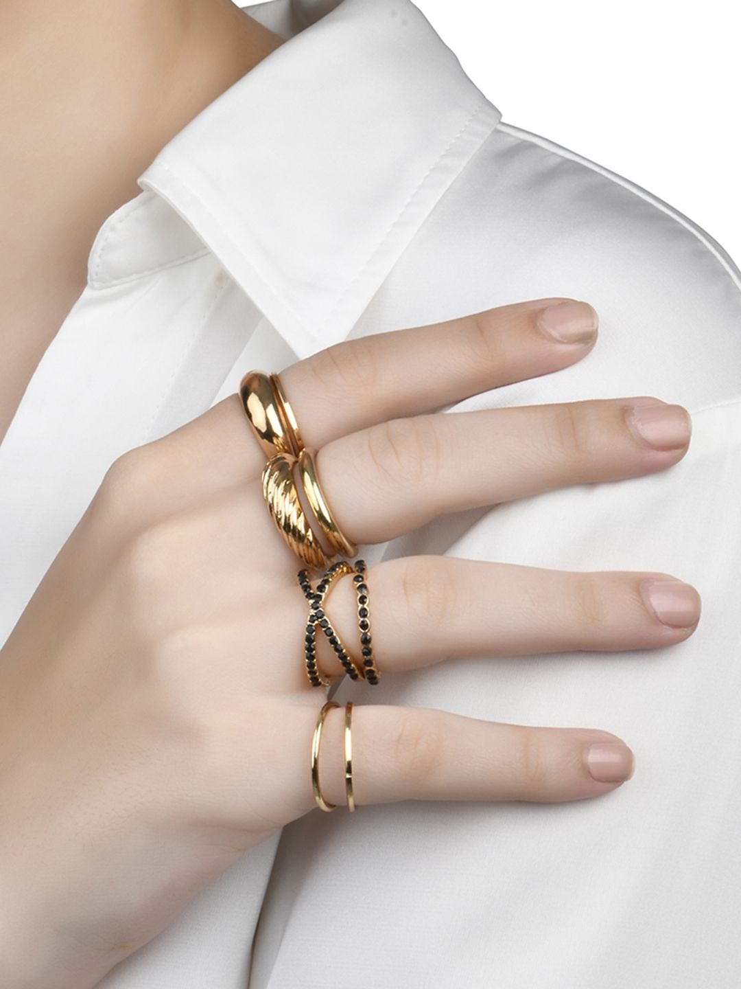 Lilly & sparkle Set Of 15 Gold-Plated Black Finger Rings Price in India