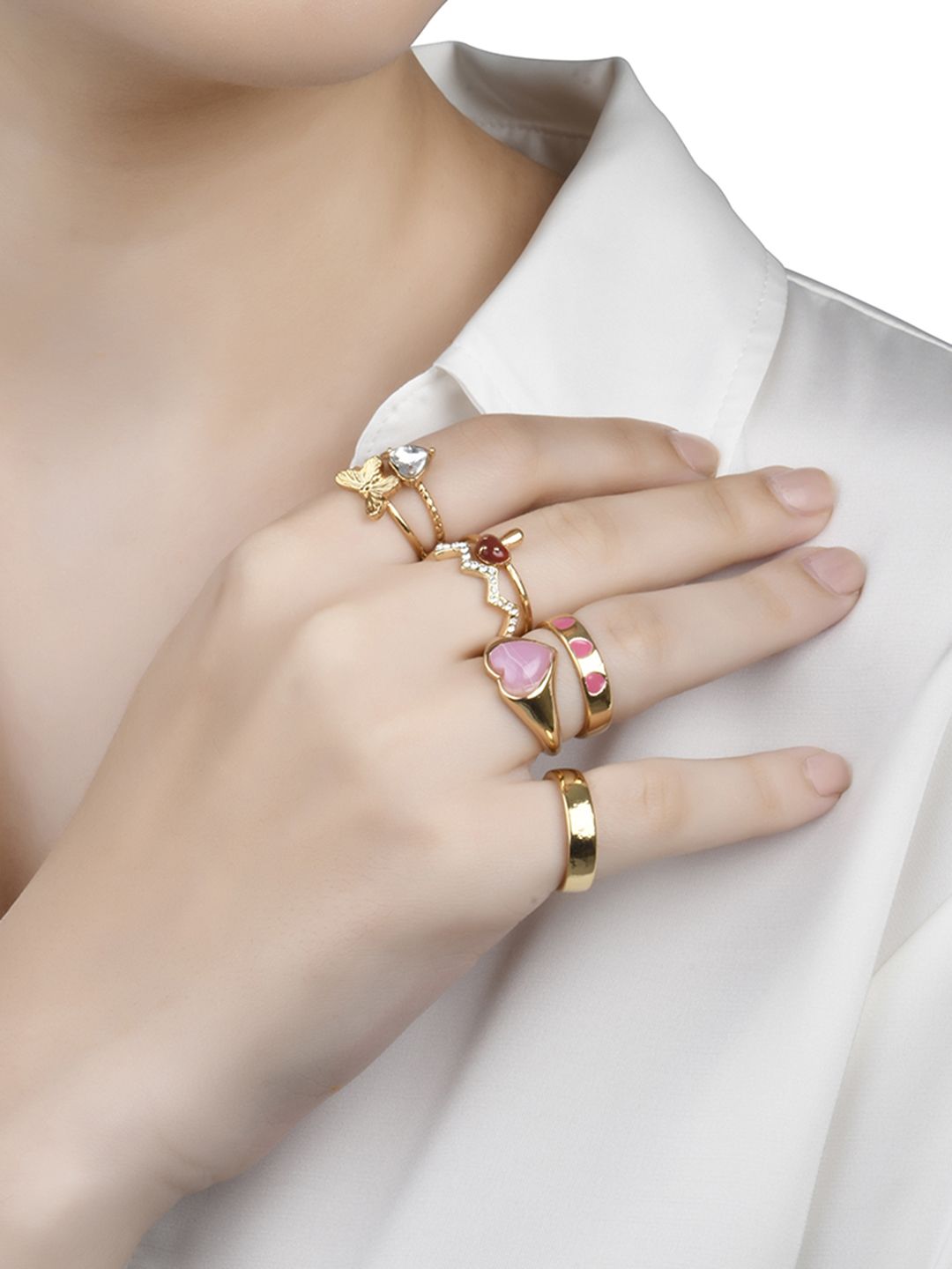 Lilly & sparkle Set Of 12 Gold-Plated Enameled & Stone Studded Finger Ring Price in India