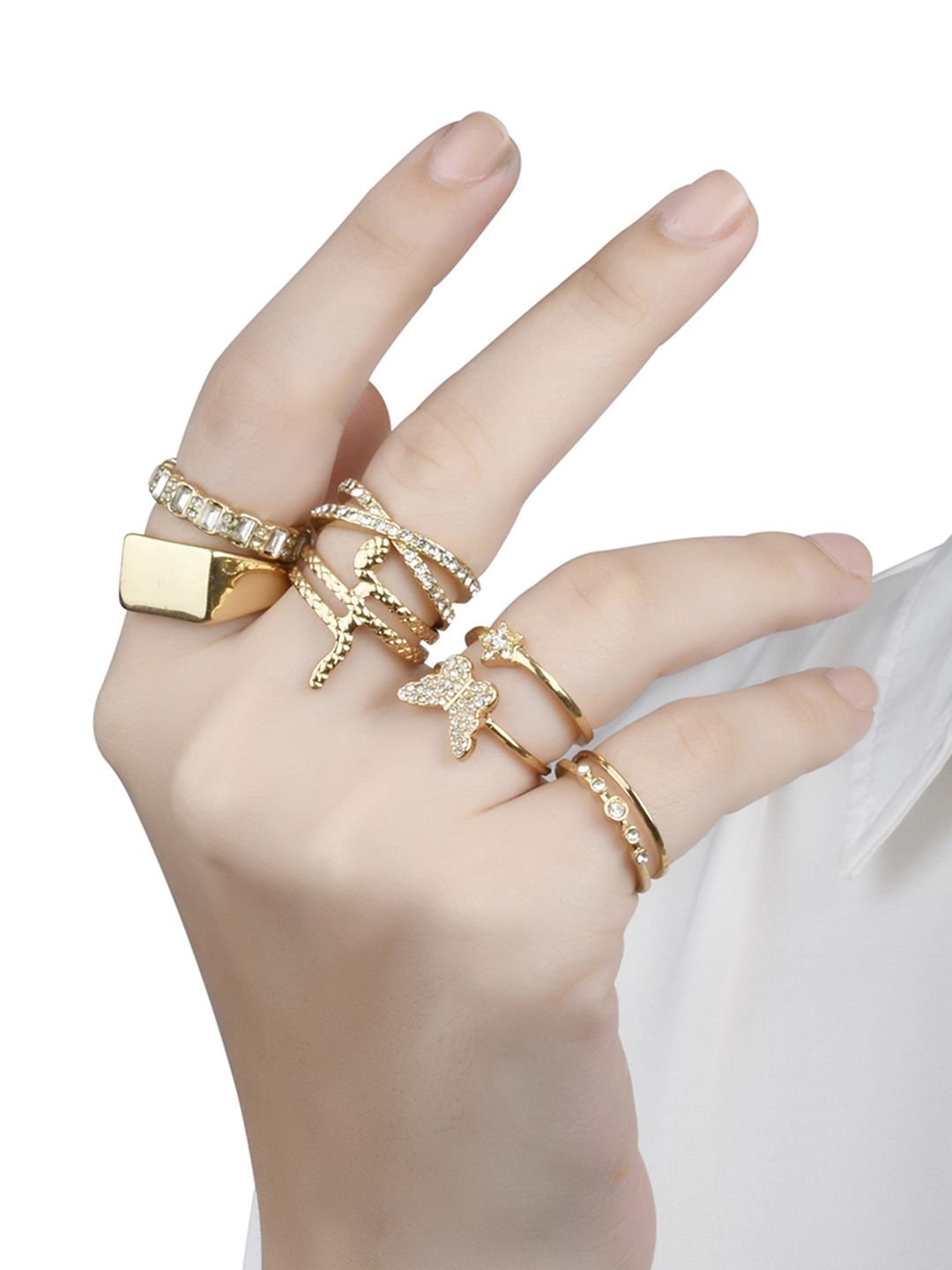Lilly & sparkle Women Set of 12 Gold Toned Crystal Studded Celestial Finger Rings Price in India
