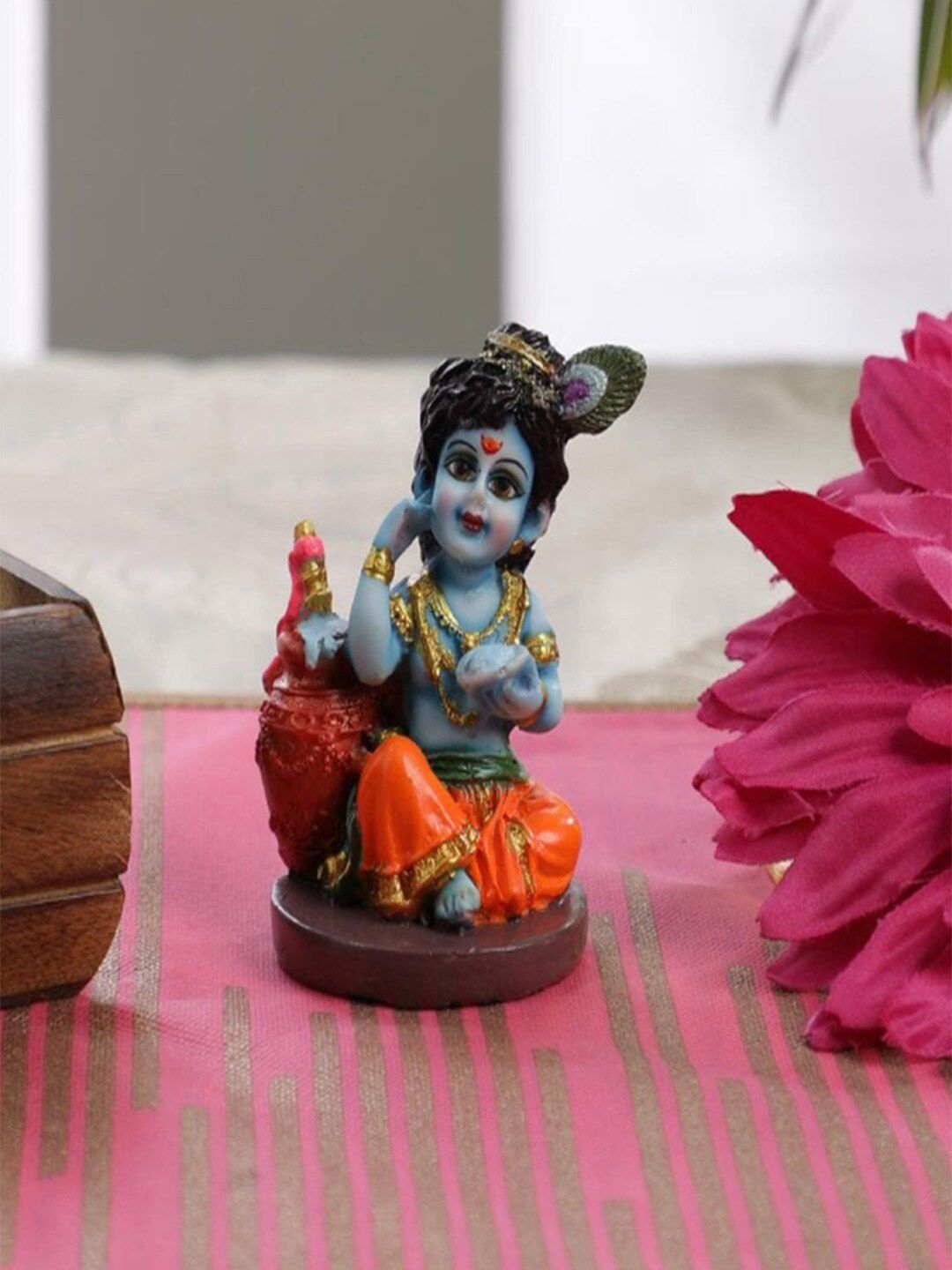 Gallery99 Orange & Blue Handpainted Lord Krishna Idol Makhan Chor God Showpiece Price in India