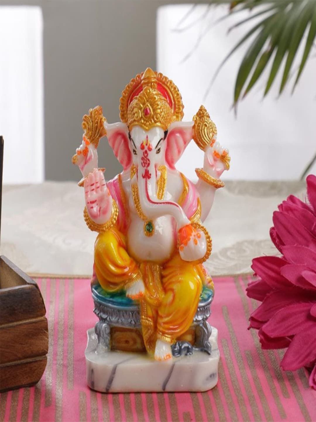 Gallery99 Yellow & White Hand painted Lord Ganpati Decorative Show piece Idol Price in India