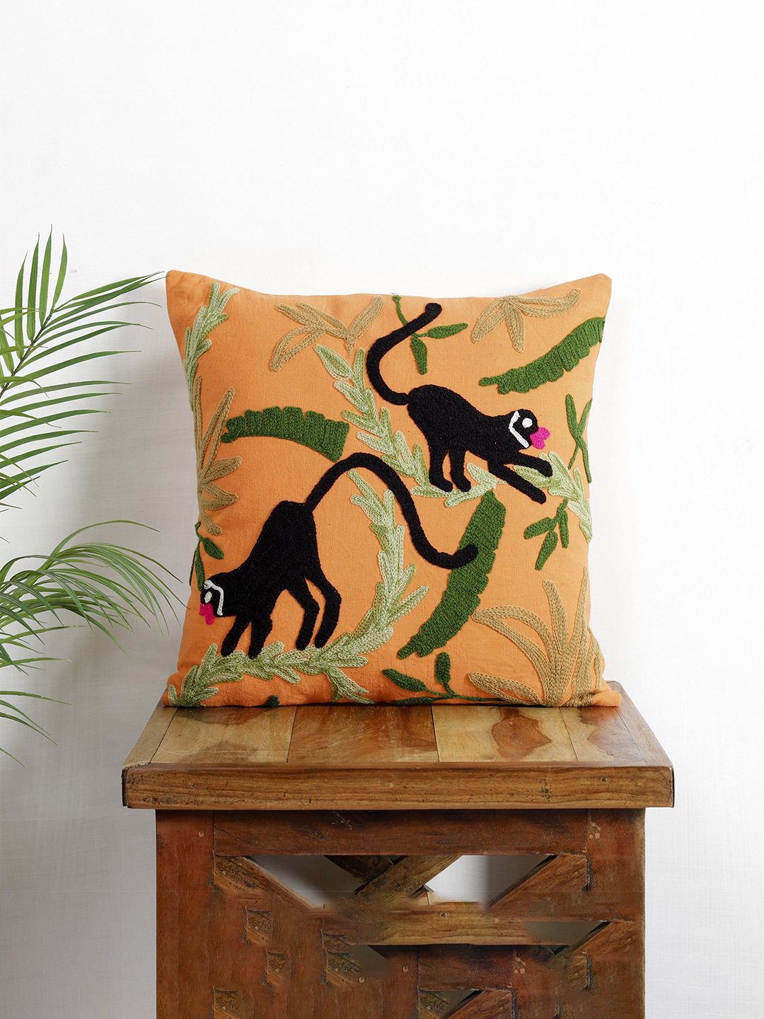 HANDICRAFT PALACE Orange & Green Suzani Embroidered Cotton Square Cushion Cover Price in India