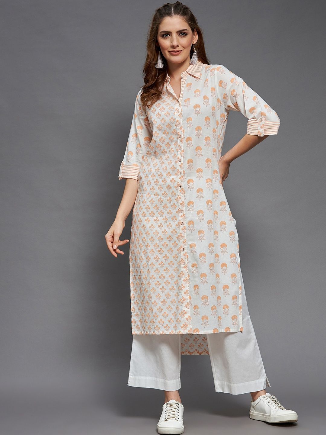 Indian Dobby Women White & Peach-Coloured Floral Printed Flared Sleeves Block Print Pakistani Style Kurta Price in India