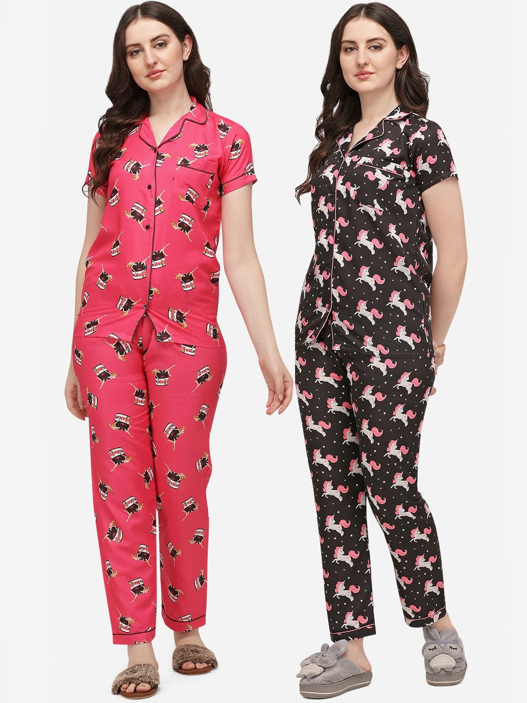 House of JAMMIES Pack of 2 Pink & Brown Printed Cotton Night suit Price in India