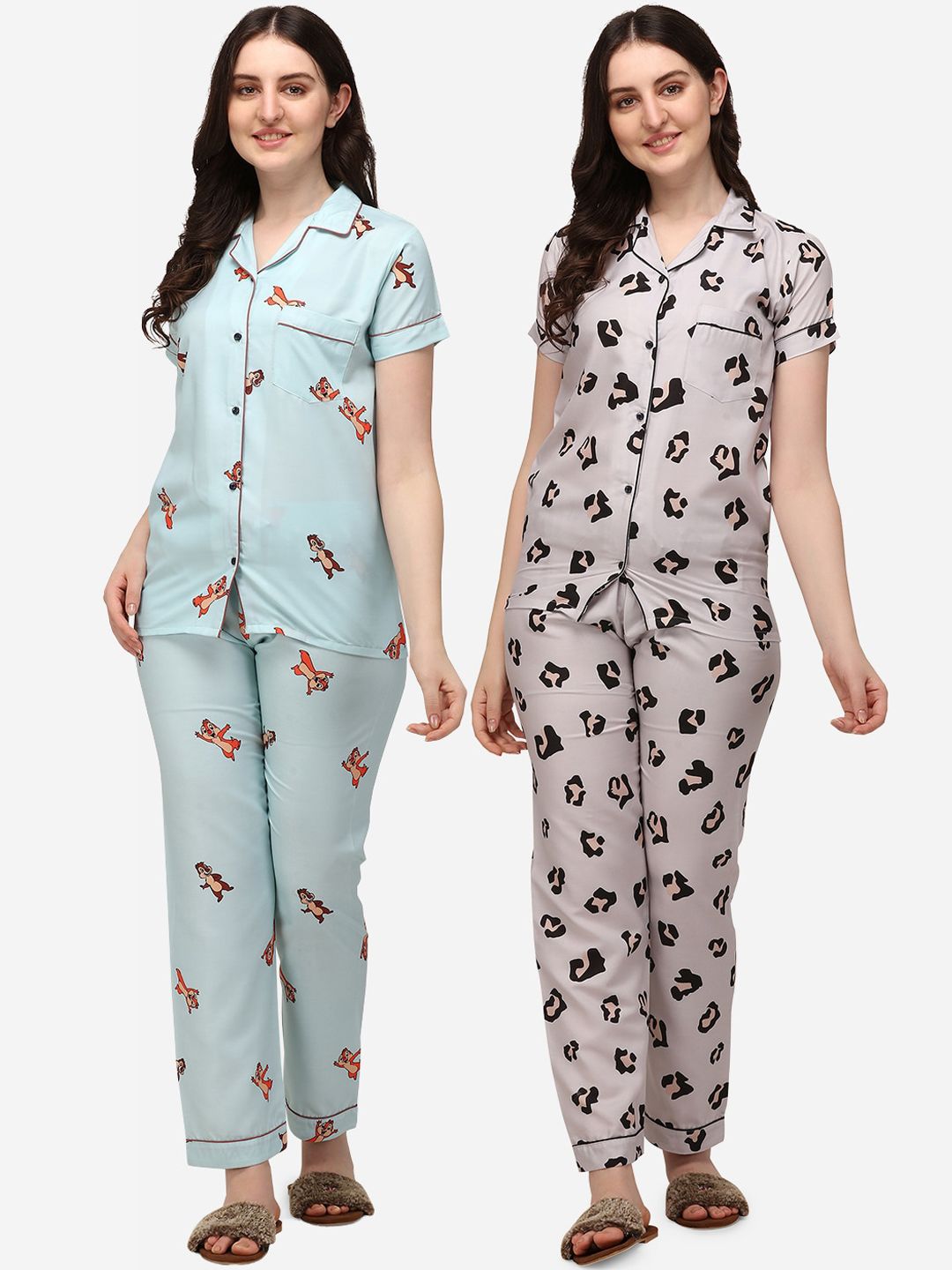 House of JAMMIES Women Pack Of 2 Blue & Grey Printed Night Suits Price in India