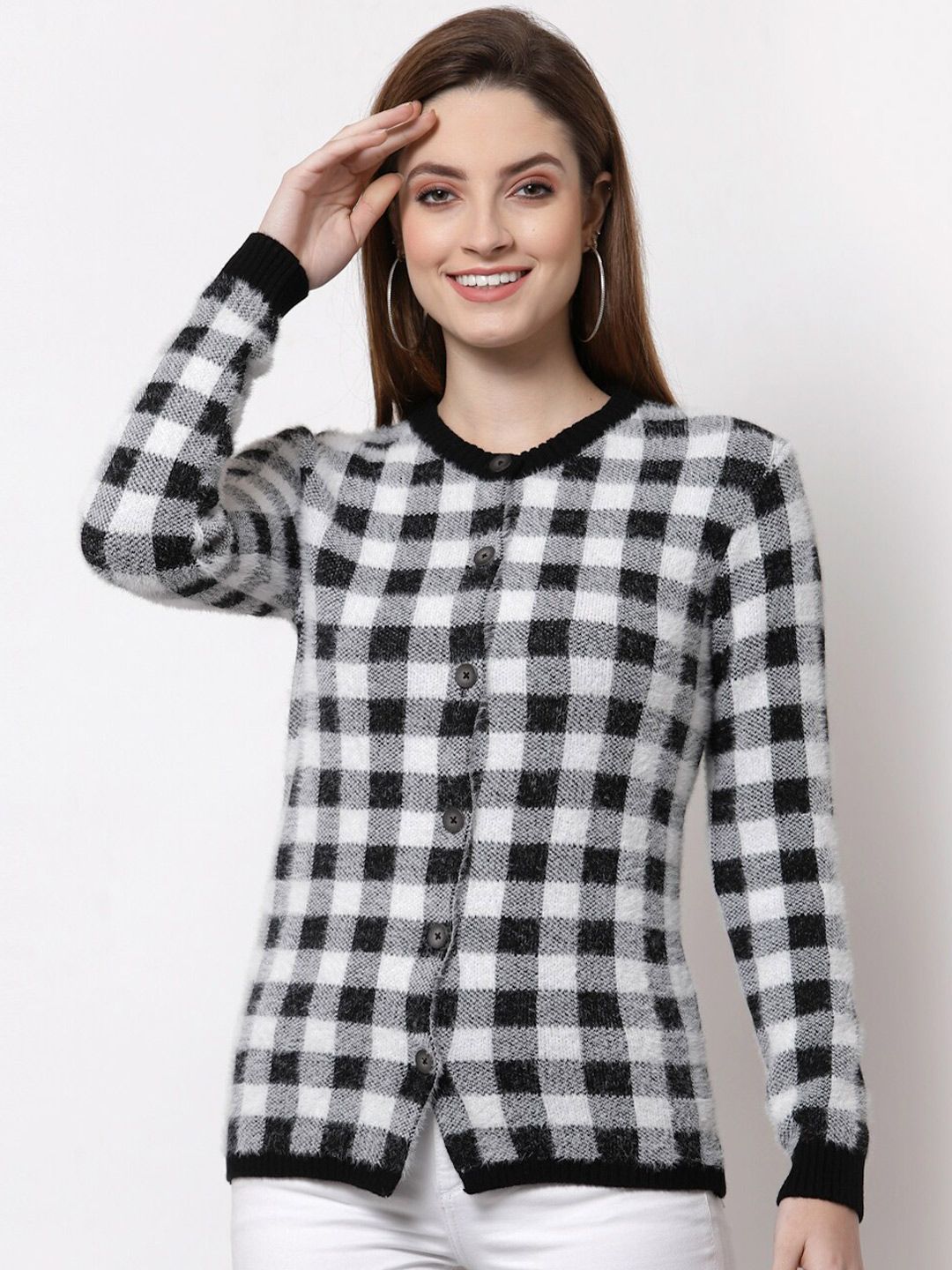 Kalt Women Black & White Checked Cardigan Price in India