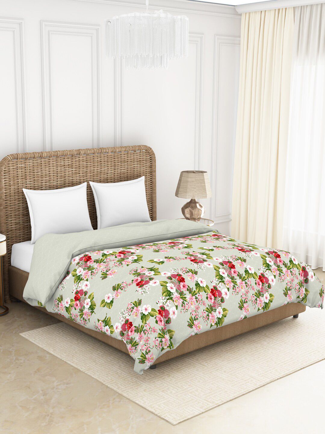 SPACES Green & Pink Floral AC Room 150 GSM Adonia Double Bed Quilt Price in India