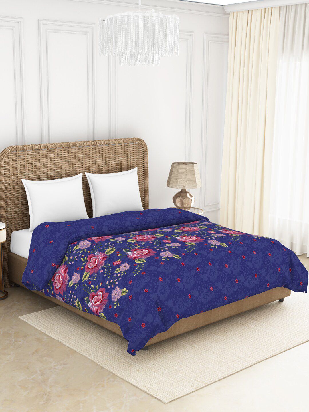 SPACES Blue & Pink Floral AC Room 150 GSM Cotton Double Bed Quilt Price in India