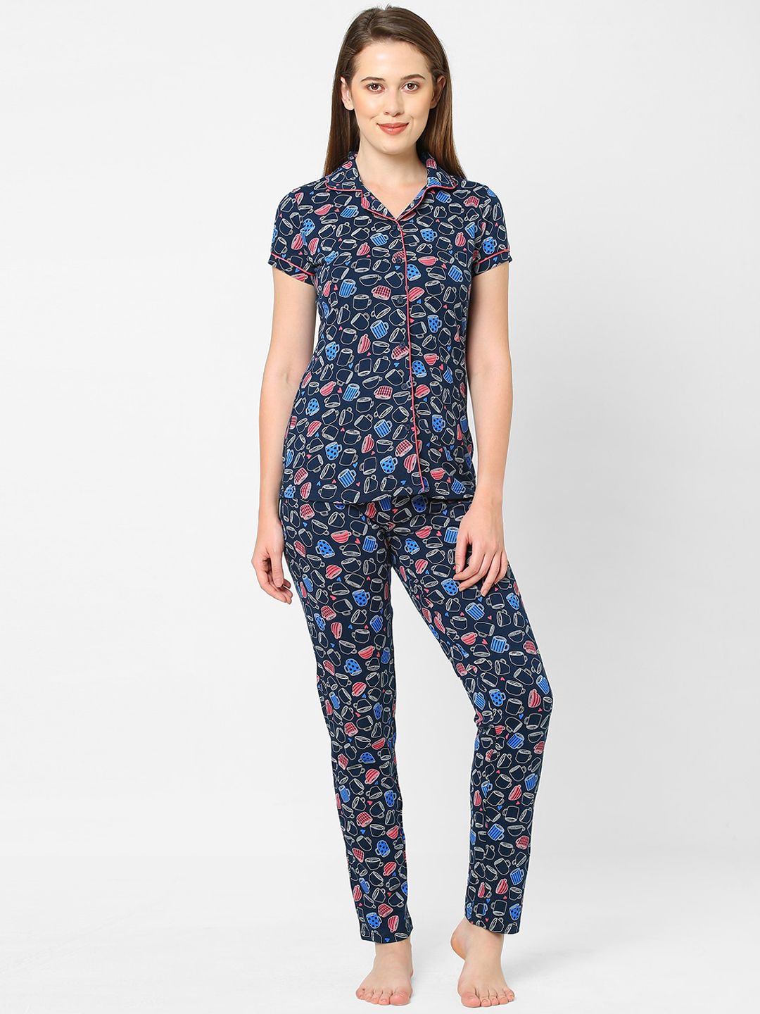 Sweet Dreams Women Navy Blue & Pink Printed Cotton Blend Night suit Price in India