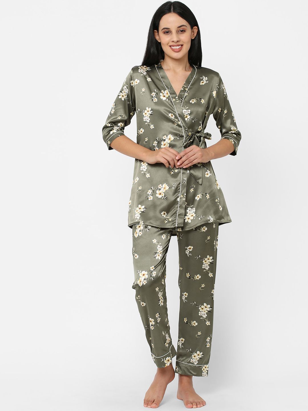 Sweet Dreams Women Grey & White Floral Printed Satin Night suit Price in India