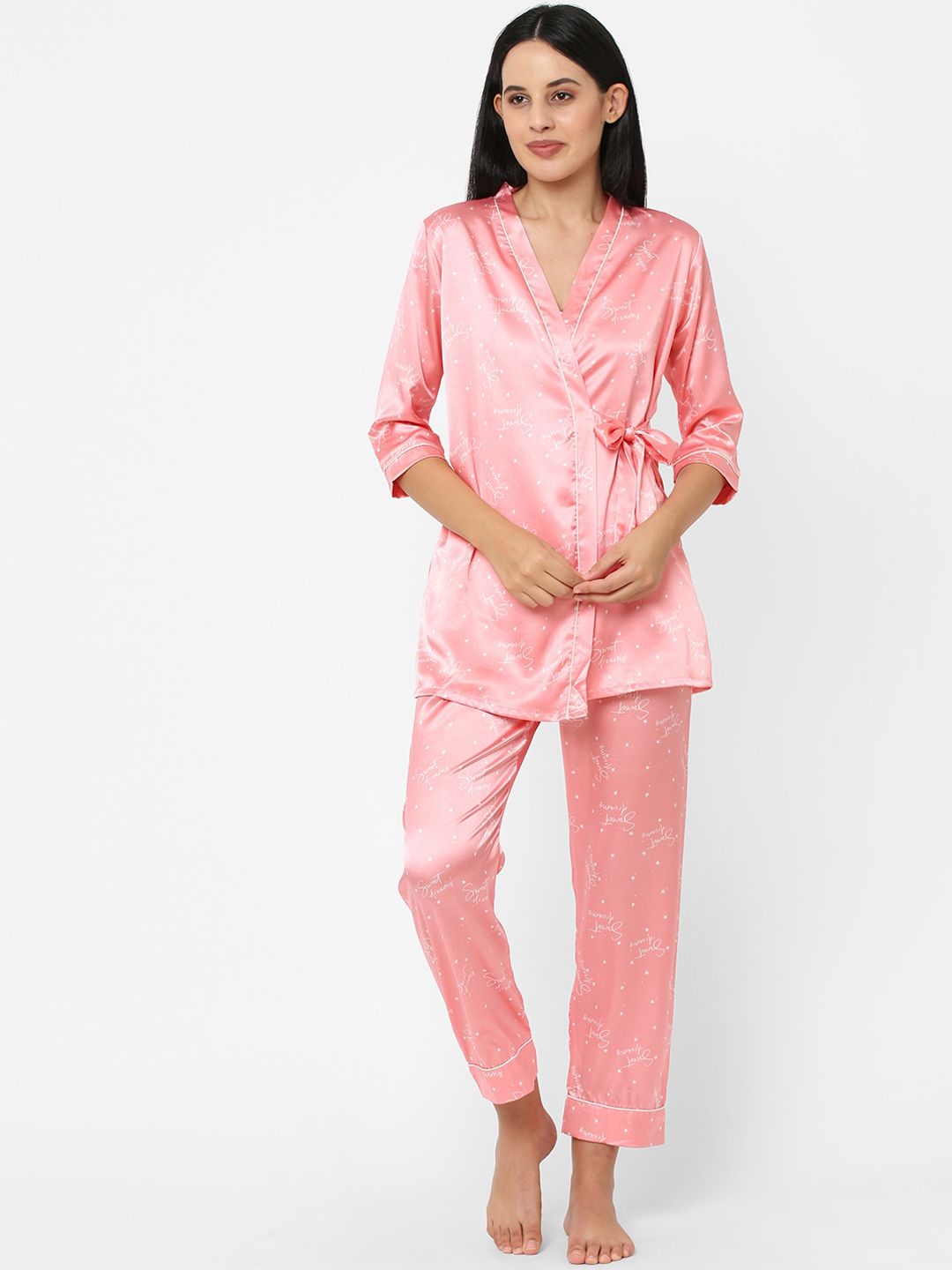 Sweet Dreams Women Pink & White Printed Satin Night suit with Robe Price in India