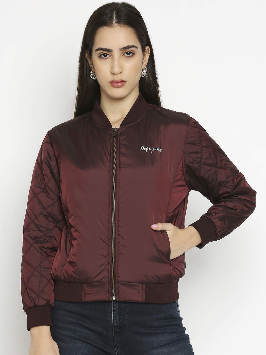 Pepe Jeans Women Red Solid Crop Padded Jacket Price in India