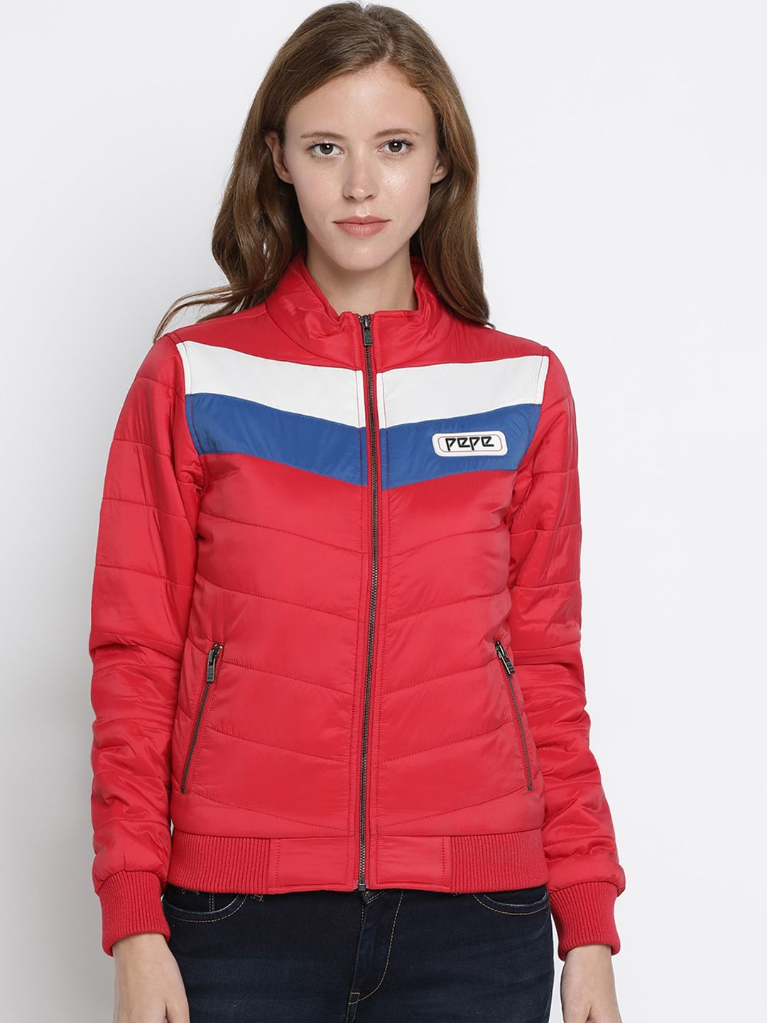 Pepe Jeans Women Red Colourblocked Puffer Jacket Price in India