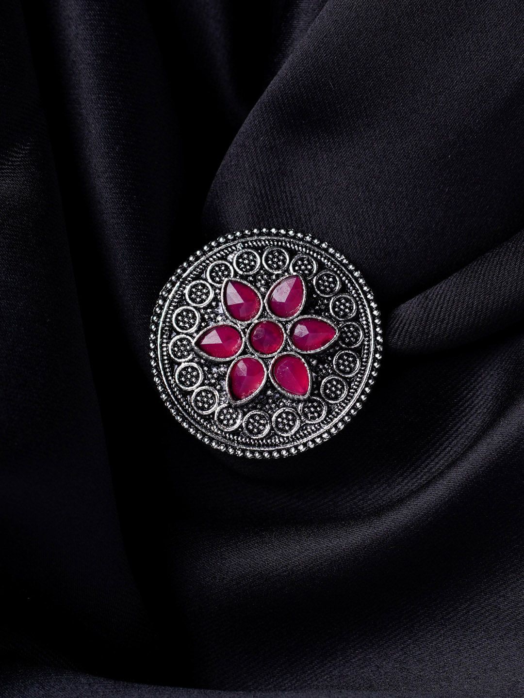 MORKANTH JEWELLERY Silver-Plated & Pink Oxidized Stone-Studded Adjustable Finger Price in India