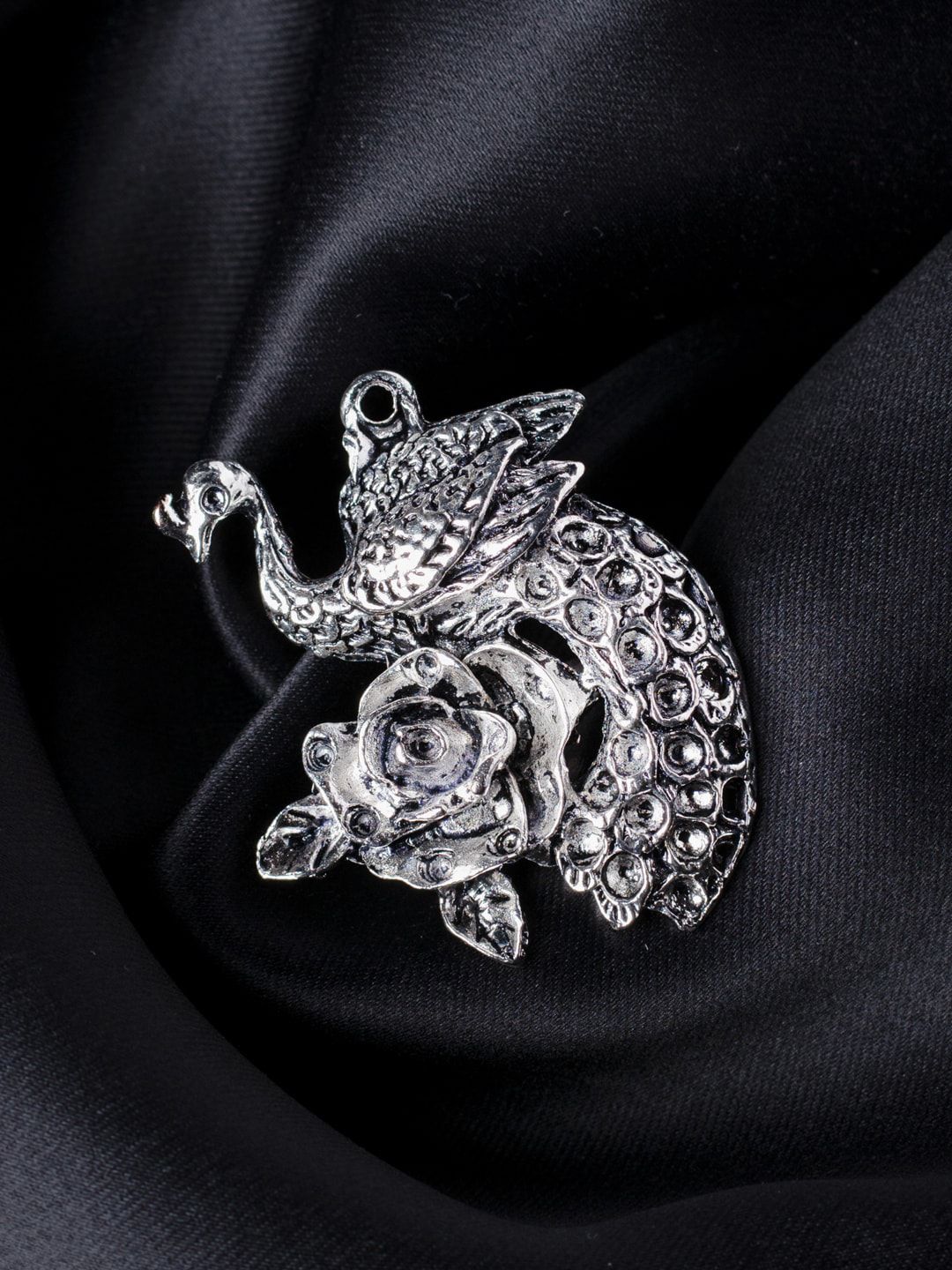 MORKANTH JEWELLERY Silver-Plated Oxidised Peacock Design Adjustable Finger Ring Price in India