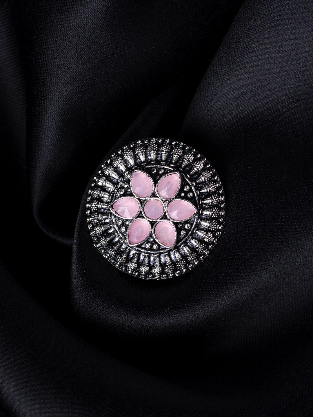 MORKANTH JEWELLERY Silver-Plated Pink Stoned Studded Oxidised Adjustable Finger Ring Price in India