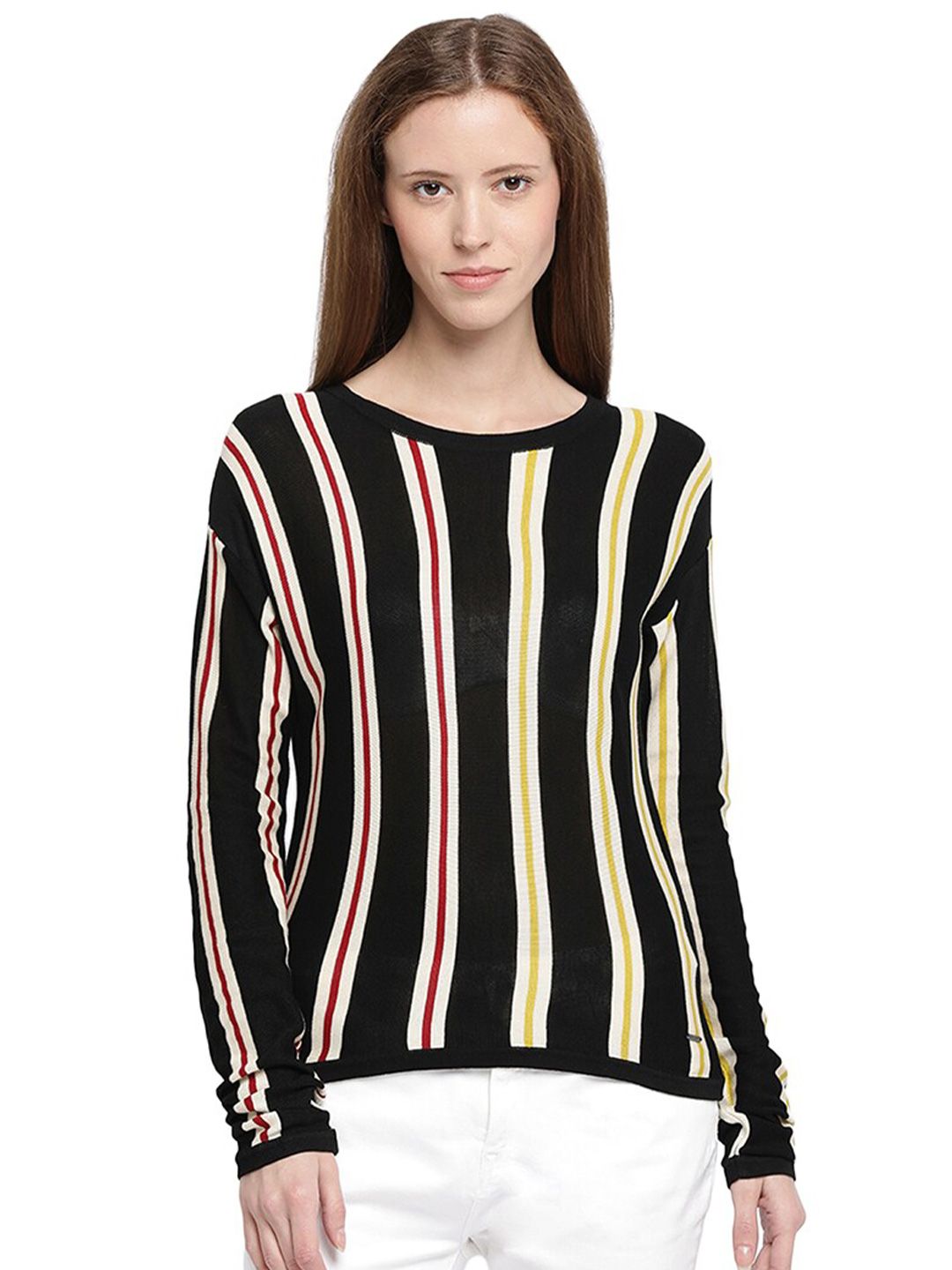 Pepe Jeans Women Black & White Striped Pullover Price in India