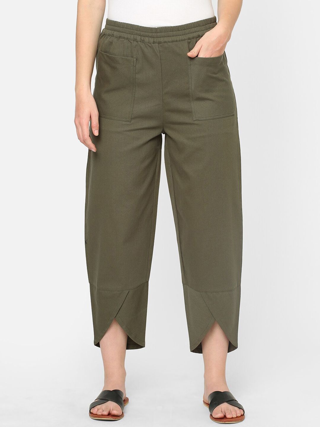 Mystere Paris Women Olive-Green Solid Cotton Lounge Pants Price in India