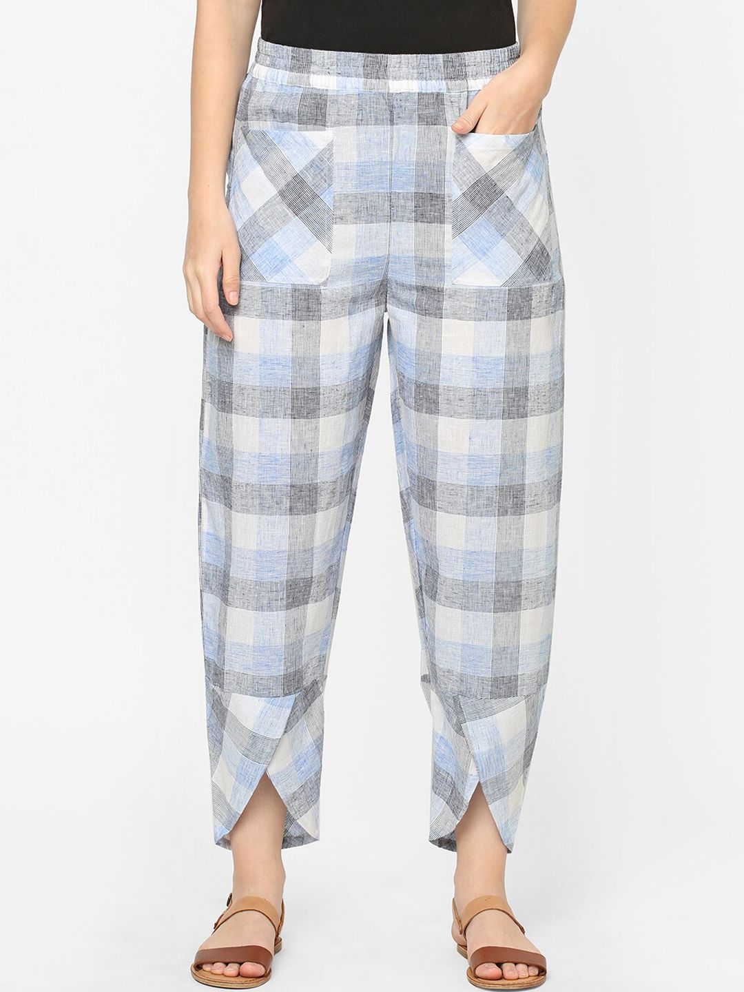 Mystere Paris Women Grey & Blue Checked Cotton Lounge Pant Price in India