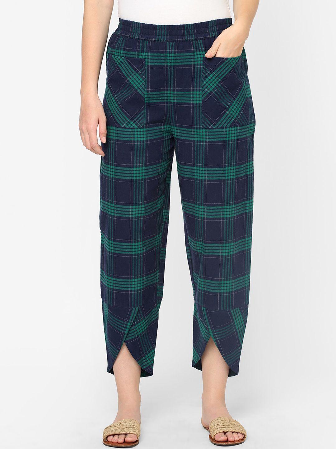 Mystere Paris Women Blue & Green Checked Cotton Lounge Pant Price in India