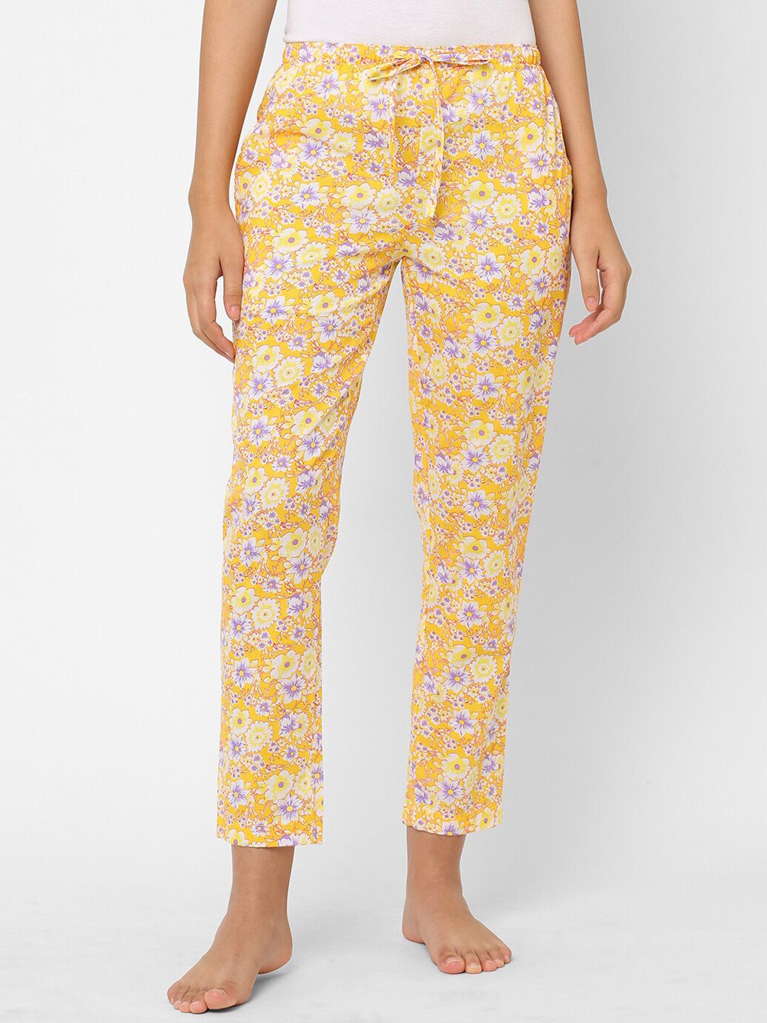 URBAN SCOTTISH Women Yellow Floral Printed Pure Cotton Lounge Pants Price in India