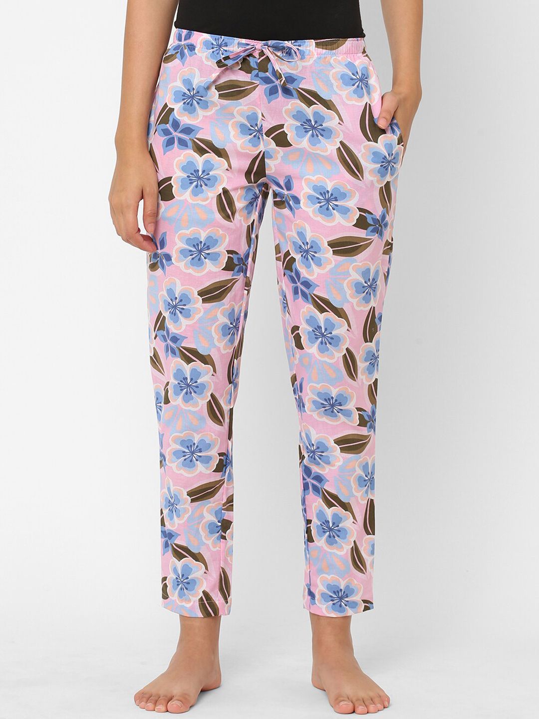 URBAN SCOTTISH Women Pink & Blue Floral Printed Pure Cotton Lounge Pants Price in India