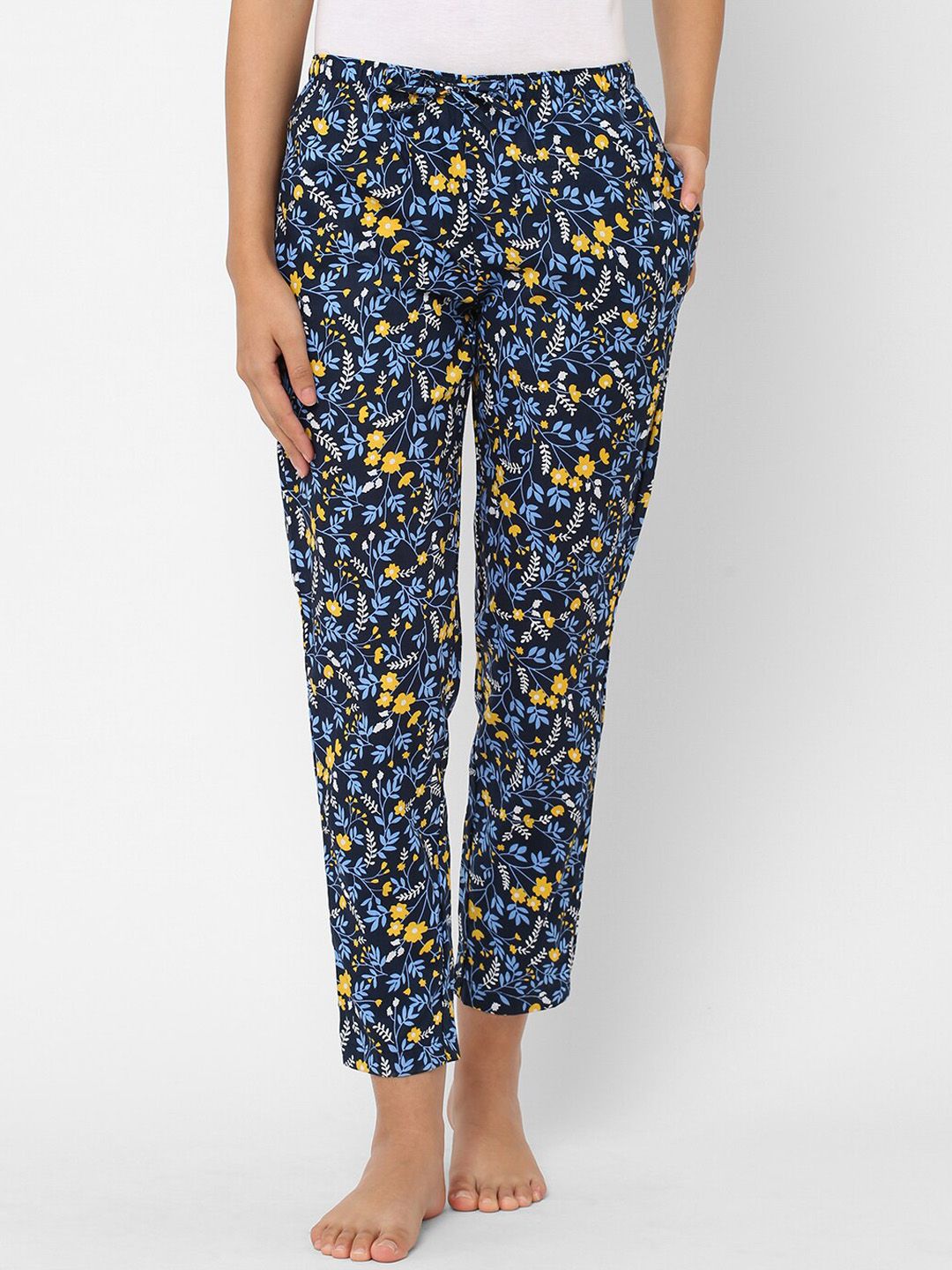 URBAN SCOTTISH Women Blue & Yellow Floral Printed Pure Cotton Lounge Pants Price in India