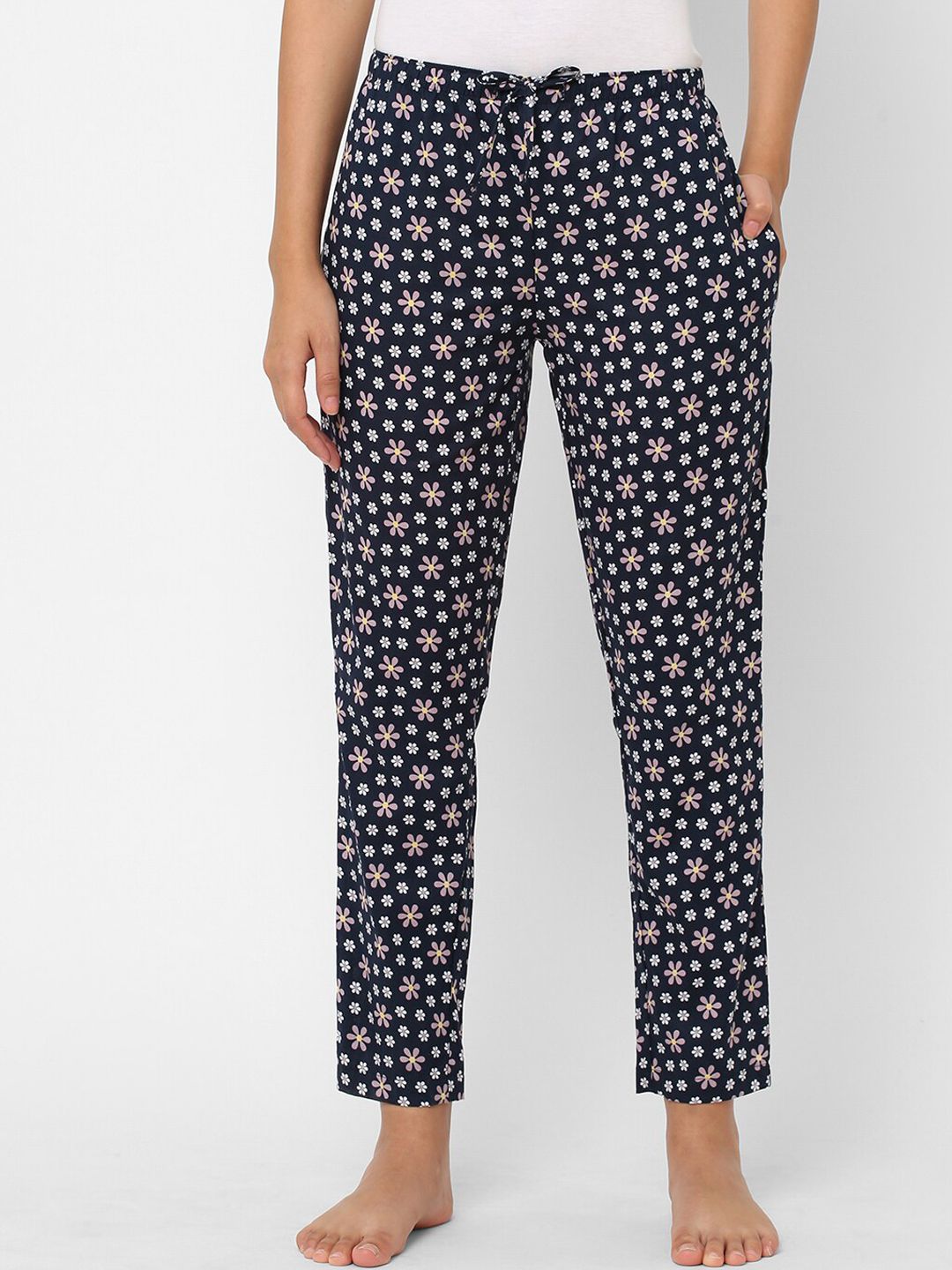 URBAN SCOTTISH Women Navy Blue & Pink Floral Printed Pure Cotton Lounge Pants Price in India