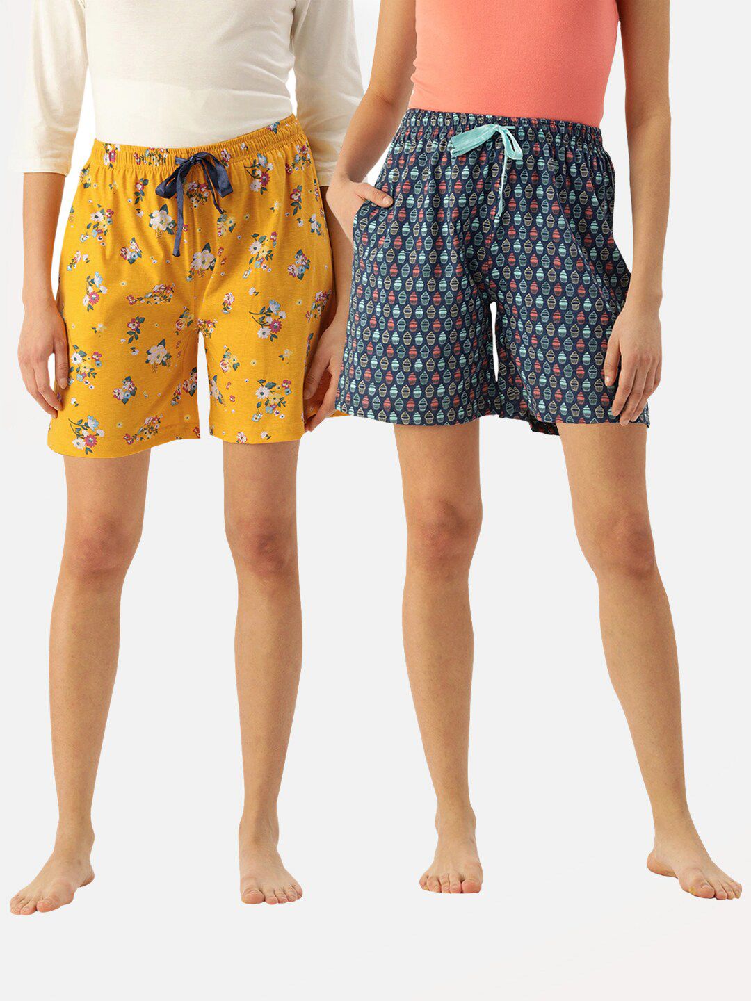 Kryptic Women Mustard & Navy Blue Pure Cotton Lounge Shorts Pack Of 2 Price in India