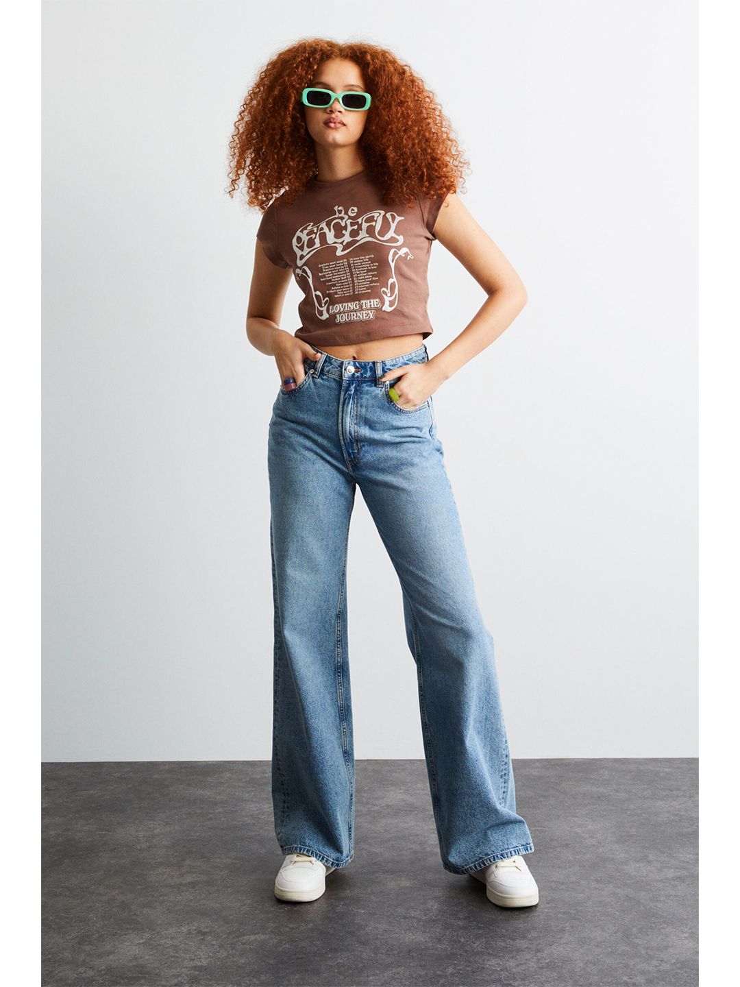 H&M Women Brown & White Cotton Printed Cropped Top