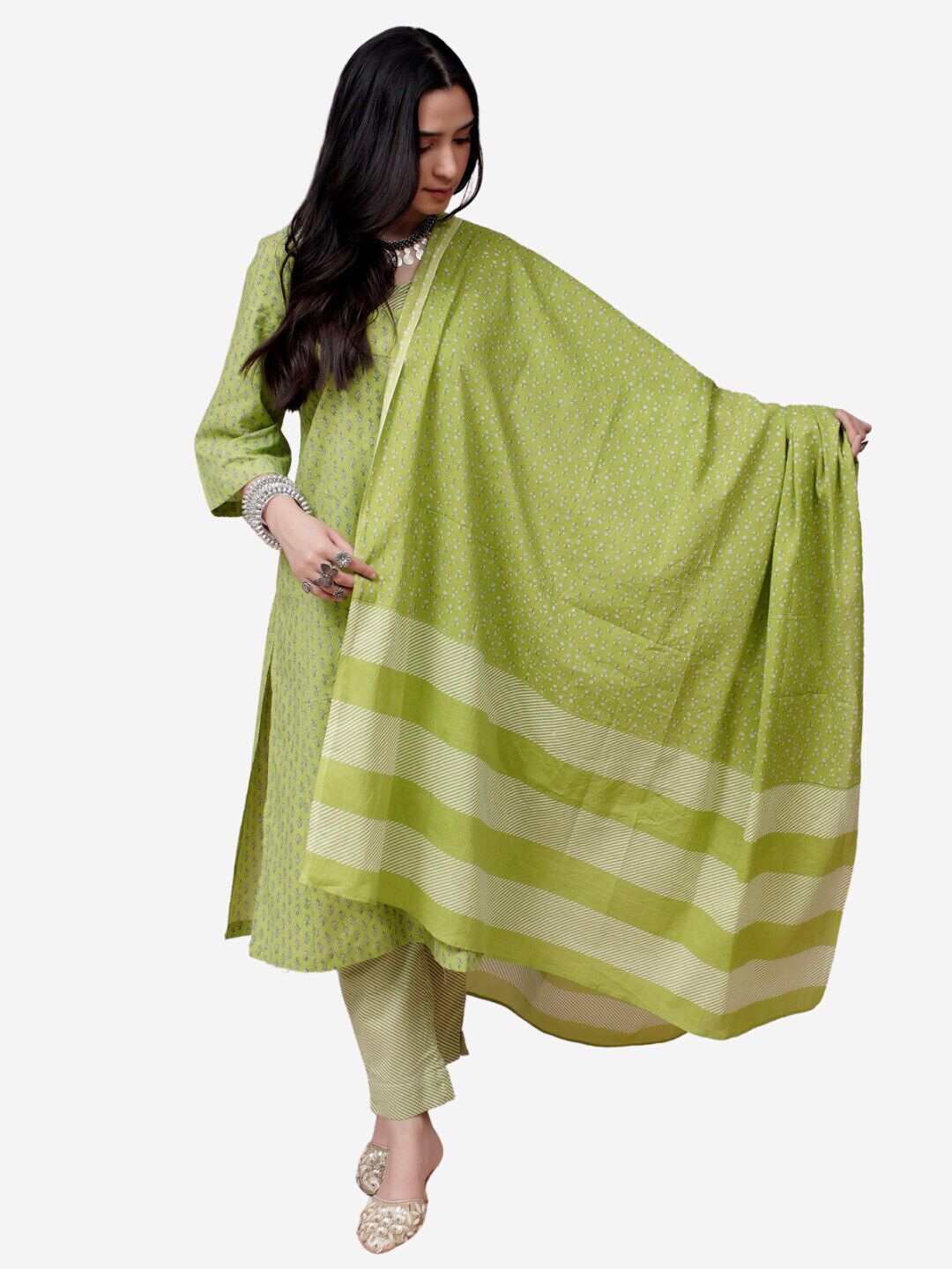 Alaya By Stage3 Green & White Floral Printed Dupatta Price in India