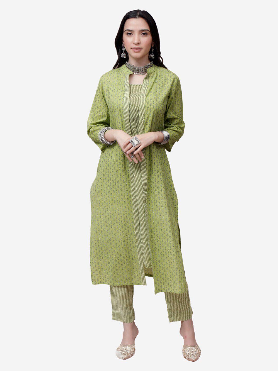 Alaya By Stage3 Women Green & White Printed Ethnic Cotton Longline Shrug Price in India