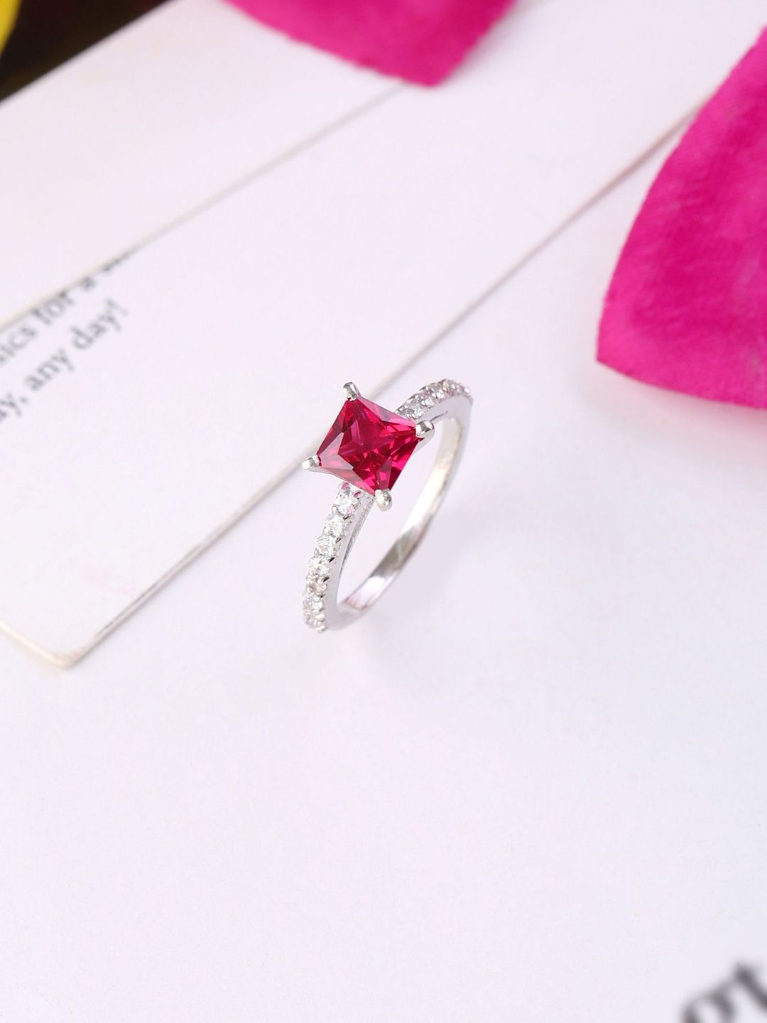 Hiara Jewels Rhodium-Plated Silver-Toned & Red CZ-Studded Finger Ring Price in India