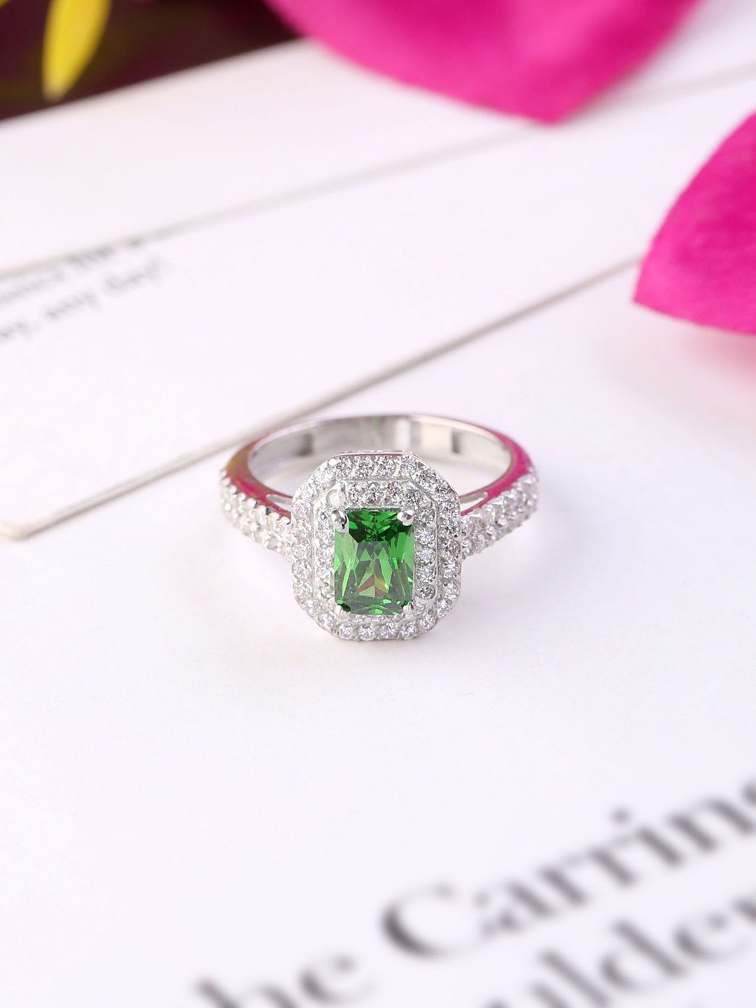 Hiara Jewels Women Green 925 Sterling Silver Double Halo CZ Studded Solitaire Rhodium Ring Price in India