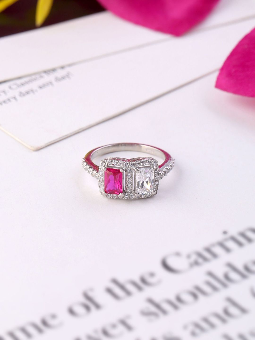 Hiara Jewels Silver Rhodium-Plated Pink & White CZ-Studded Finger Ring Price in India