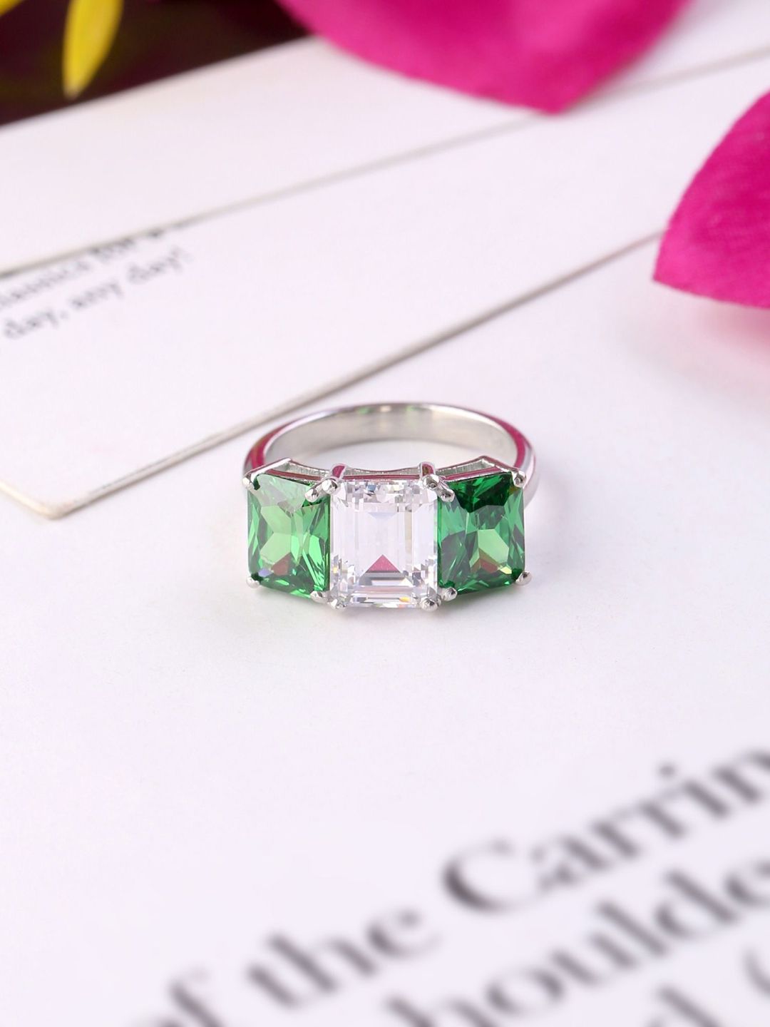 Hiara Jewels  925 Sterling Silver Rhodium-Plated White & Green CZ Ring Price in India