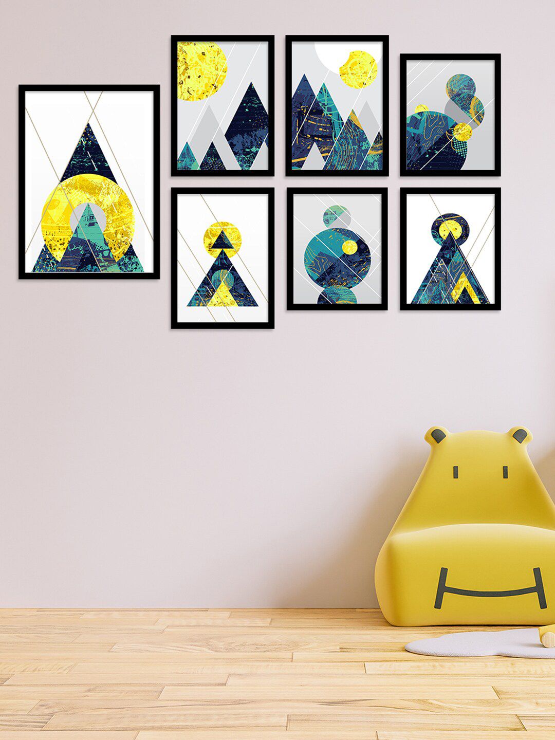 Art Street Set of 7 Blue & Yellow Geometrical Framed Canvas Art Print Painting Price in India
