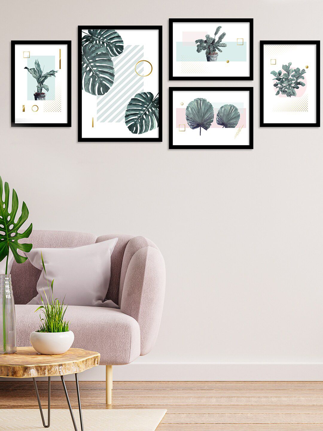 Art Street Set Of 5 Green & White Printed Tropical Plant Framed Art Print Painting Wall Art Price in India