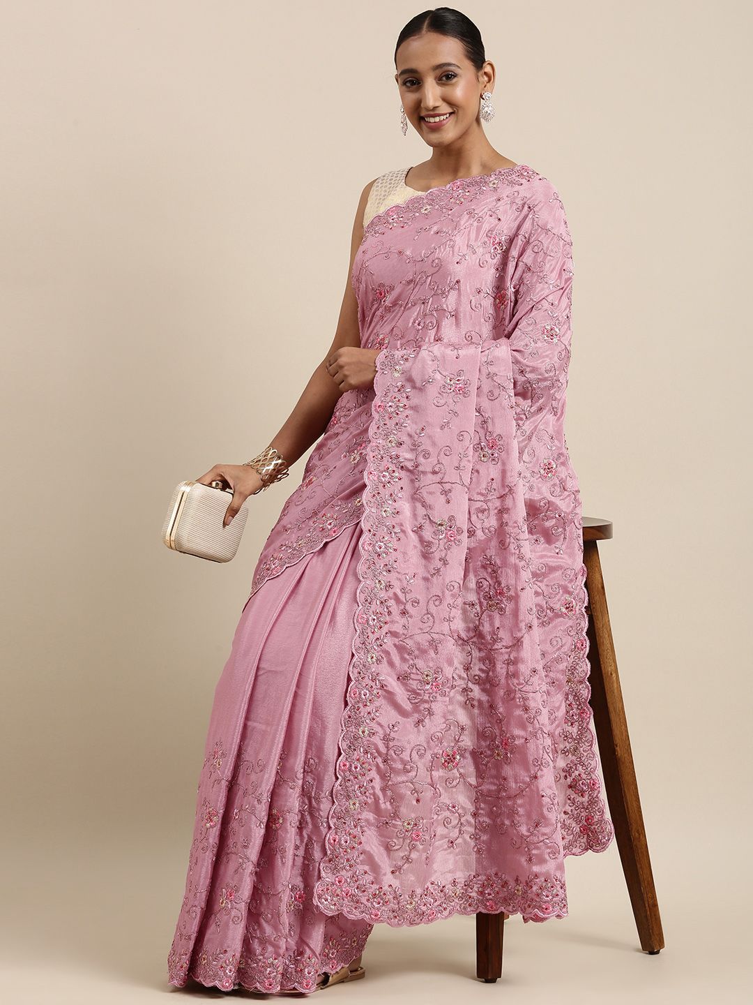 Pothys Pink Floral Embroidered Pure Georgette Saree