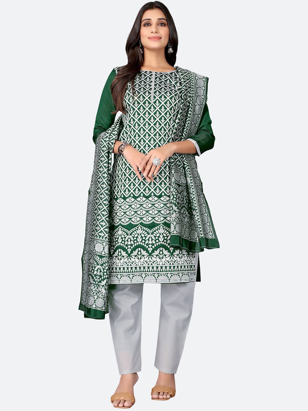 Satrani Green & White Unstitched Dress Material Price in India