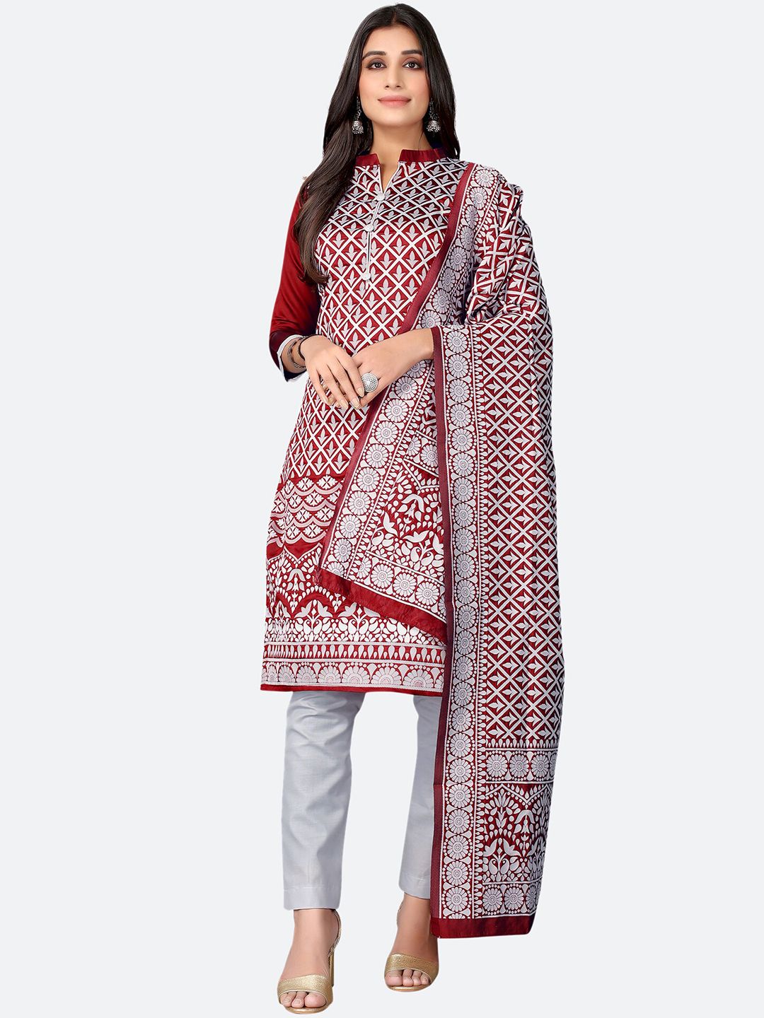 Satrani Maroon Woven Design Floral Unstitched Dress Material Price in India