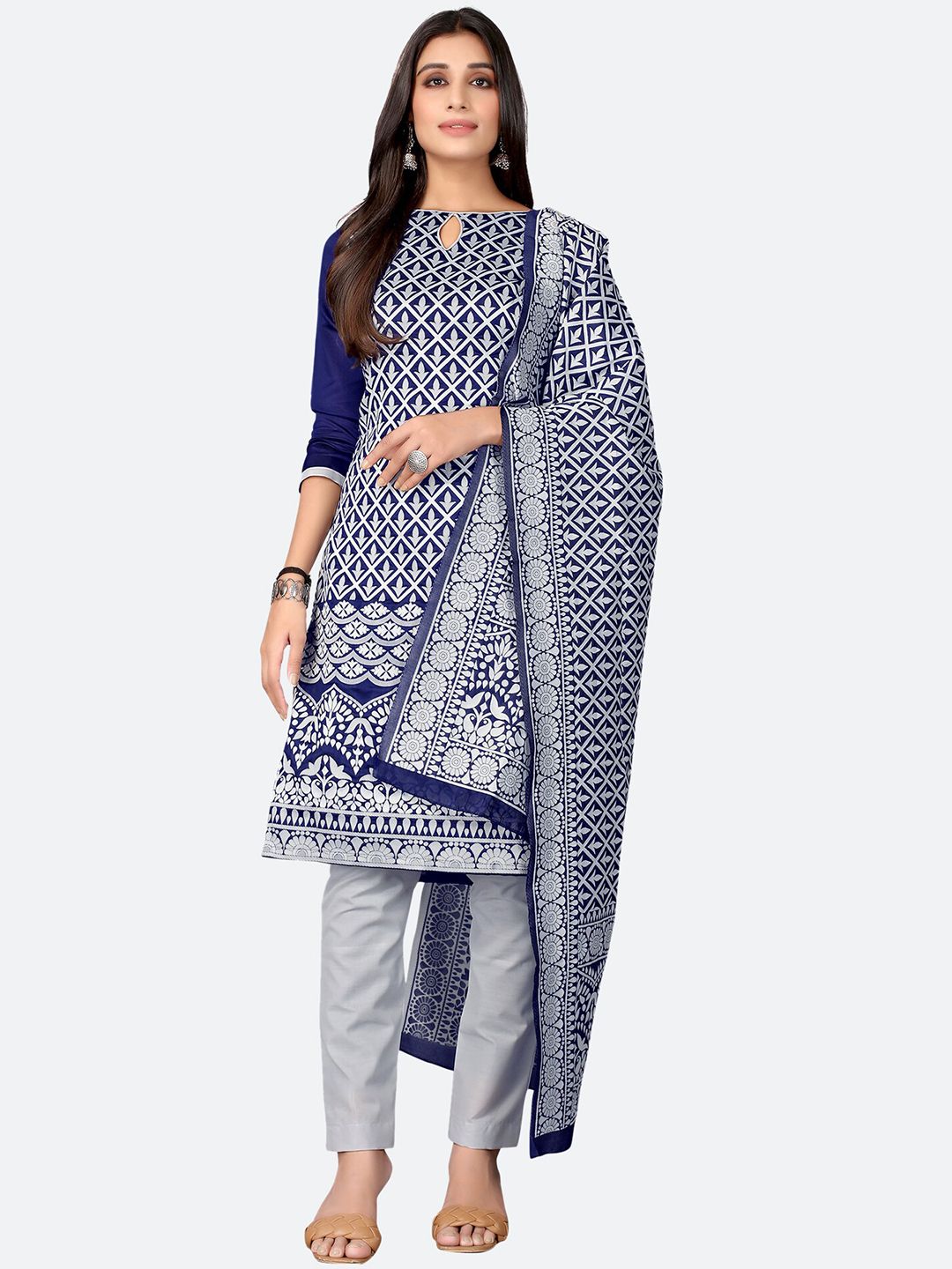 Satrani Navy Blue & White Unstitched Dress Material Price in India